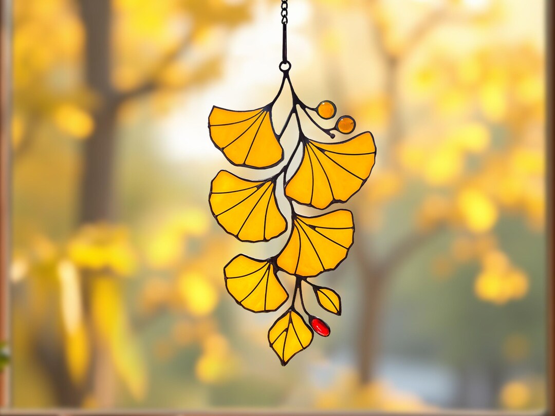 Gingko Window Real Stained Glass Ginkgo Leaf Suncatcher, Handmade Ginkgo Window ...