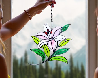 Real Stained Glass Lily Flower Suncatcher Window Hanging, Handmade Pink Lily Glass Ornament, Botanical Window Decor, Gift for Mom