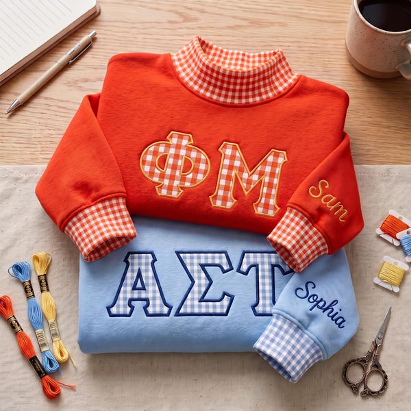 Personalized Gingham Mock Neck Sweatshirt, Custom Greek Letter Applique, Custom Name Sleeve, Sorority Sweatshirt, College Game Day Gift