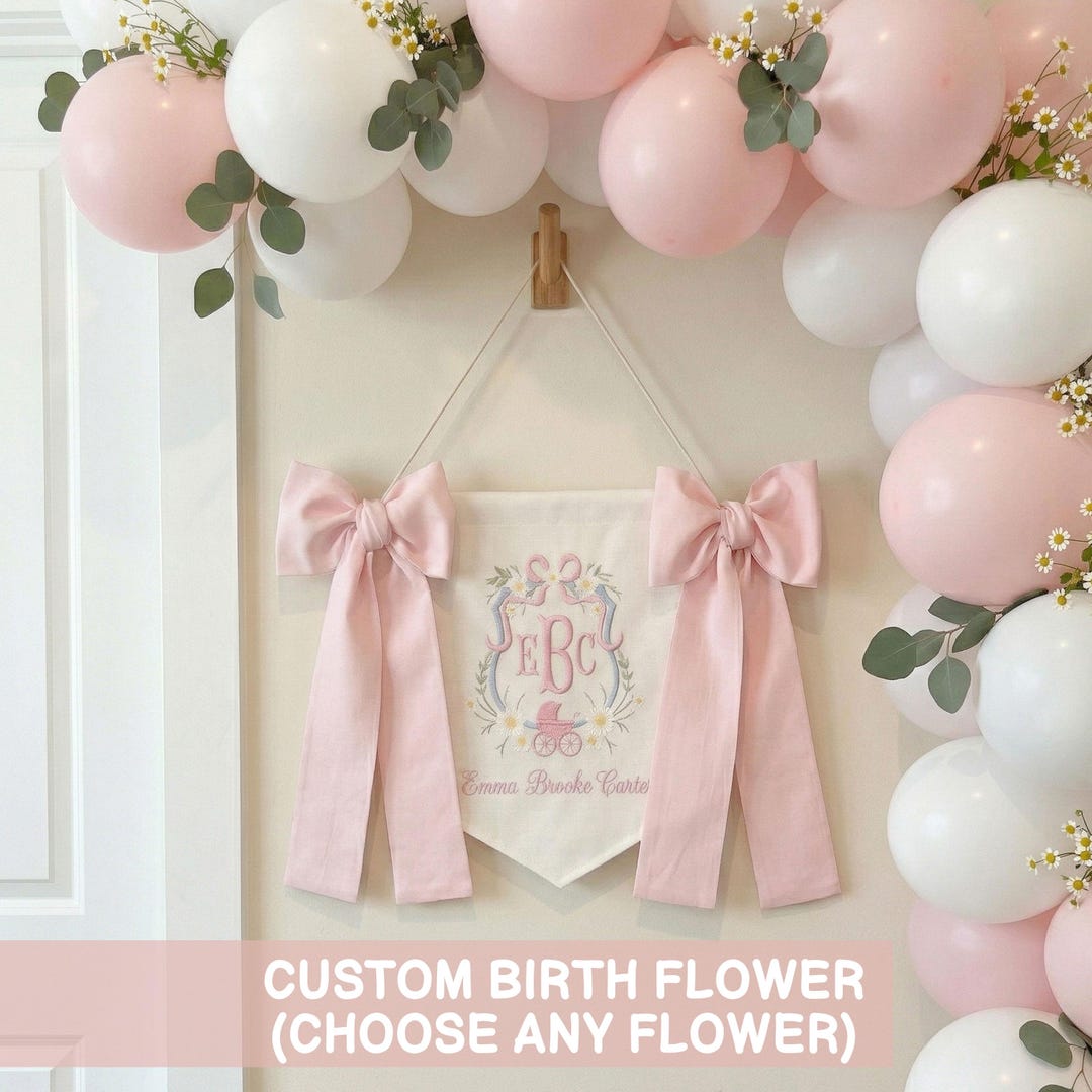 Custom Baby Banner, Embroidered Monogram Bow Banner, Baby Announcement ...
