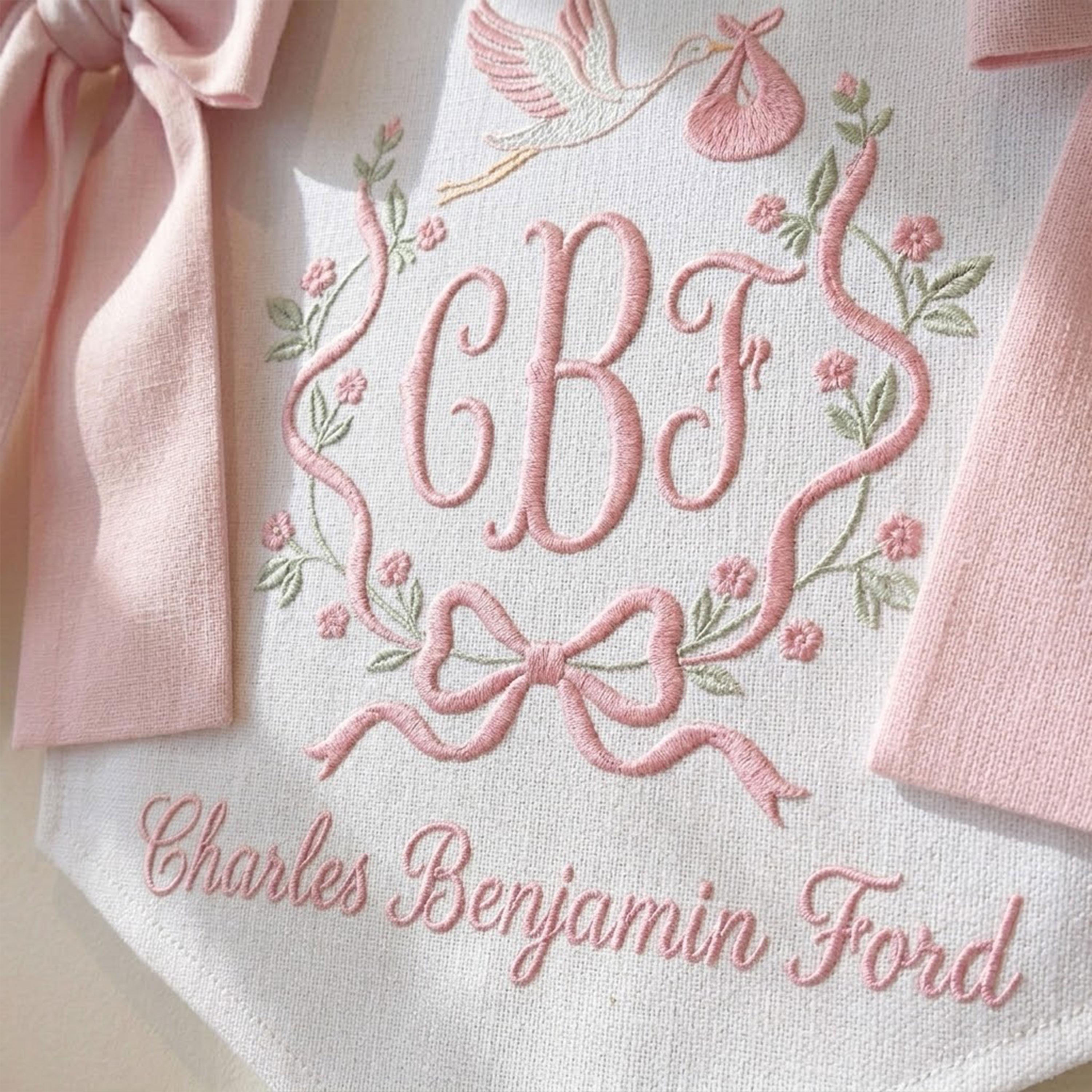 Custom Baby Banner, Embroidered Monogram Bow Banner, Baby Announcement ...