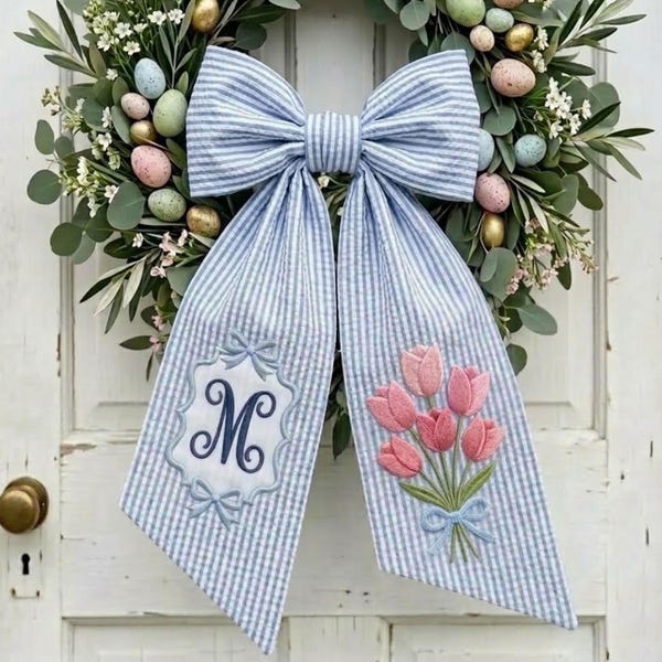 Custom Embroidered Wreath Sash: Custom Initial Door Decor, Floral Blue Gingham Door Bow, Personalized Initials Decor, Wreath Sash Easter