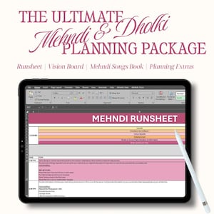 May include: Digital Mehndi & Dholki planning package displayed on a tablet. The screen shows a spreadsheet labeled "Mehndi Runsheet." Text includes "Runsheet," "Vision Board," and "Planning Extras." The package is designed for Pakistani brides and offers instant digital access.