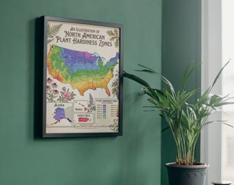 Artistic Plant Hardiness Map Poster - Framed Vintage Botanical Wall Art