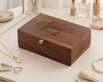 Joyero de nogal para mamá, regalo personalizado para el Día de la Madre, organizador de joyas grande de doble capa.