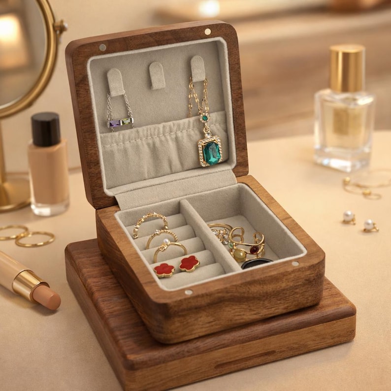 May include: Open wooden jewelry box with a light gray interior. The box contains rings, necklaces, and earrings. The box is sitting on a larger wooden base. The jewelry includes a necklace with a green stone pendant and red flower earrings.