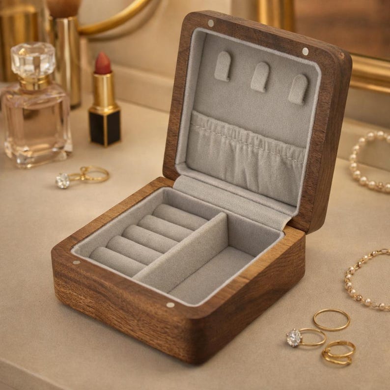 May include: Open wooden jewelry box with a gray velvet interior. The box is rectangular with a hinged lid and compartments for rings and other jewelry. A few rings and other jewelry items are visible on the surface.
