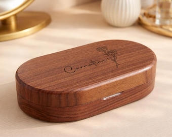 Personalized Birth Flower Wooden Jewelry Box, Custom Bridesmaid Name Gift, Engraved Walnut Travel Case, Bridal Keepsake, Wedding Memory Box