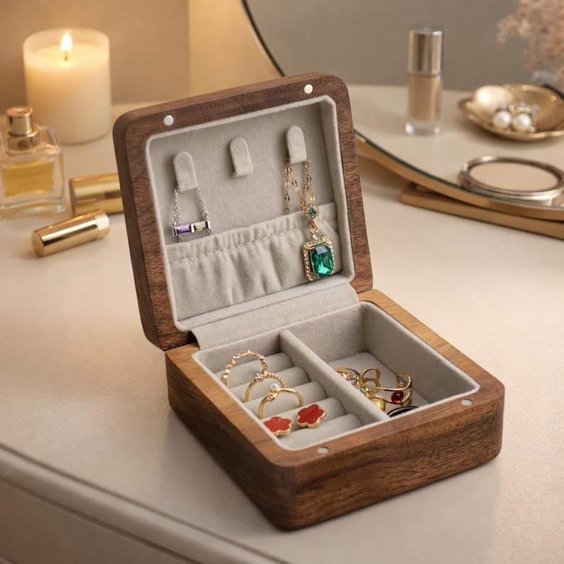 May include: A wooden jewelry box with a hinged lid, open to reveal a gray velvet interior. The box contains rings, necklaces, and earrings. The exterior is a dark brown wood. A lit candle and perfume bottle are in the background.
