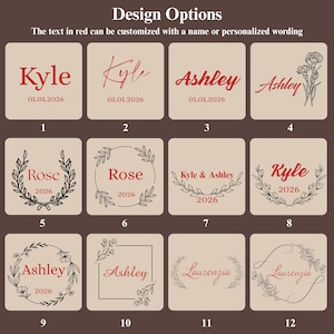 May include: A selection of design options for personalized items. Each design features a name or word in red, with a date. Some designs include floral or leaf accents. The text "Design Options" is at the top.