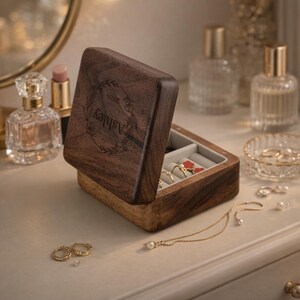 May include: A wooden jewelry box with the name "Ashley" engraved on the lid, along with the year 2026. The box is open, revealing rings and a necklace. The jewelry box is on a white surface with other jewelry and perfume bottles.