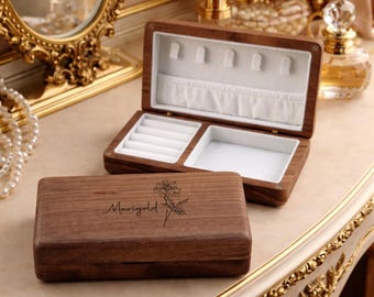 Wooden Jewelry Box with Birth Flower Design, Custom Name Jewelry Box,Small Walnut Jewelry Case,Graduation Gift for Her,Personalized Keepsake