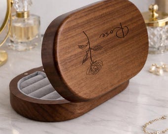 Personalized Birth Flower Travel Jewelry Box for Women, Engraved Wooden Jewelry Case, Custom Name Keepsake Gift for Mom, Wife or Daughter