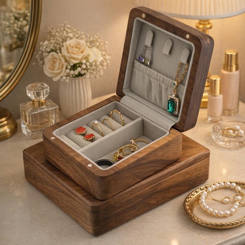 May include: A wooden jewelry box with an open lid, revealing compartments lined with gray fabric. The box contains rings, necklaces, and earrings. The exterior is a dark brown color. A second, closed box sits beneath the open one.