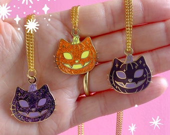 Pumkitty Pumpkin Halloween Hard Enamel Necklace (3 Colours Available) For Cat Lovers