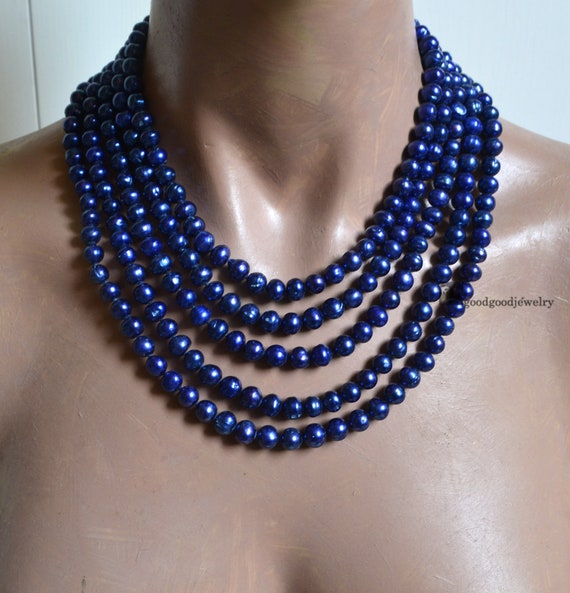 Navy Blue and Cream Pearl Cup Chain Necklace made with Premium Crystal  Elements | eBay