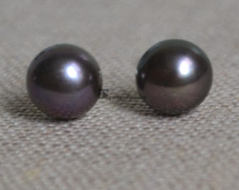 peacock pearl earrings, 8mm real pearl stud, freshwater pearl stud earrings, wedding earrings, bridesmaid gift, women earrings, black pearls