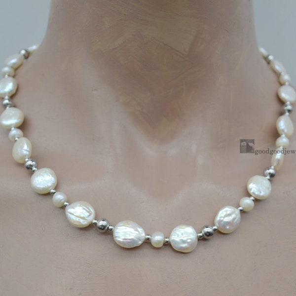 11 mm Ivory Coin Pearl Spring Ring Clasp Necklace, High quality Freshwater pearl necklace, Ivory pearl necklace, real pearl necklace