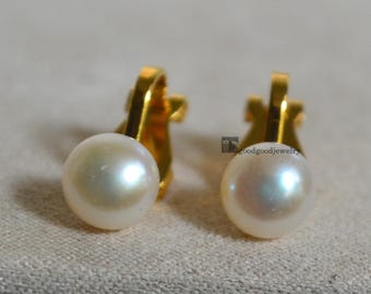 Gold Clip-on Earrings, Freshwater Pearl, Non-Pierced