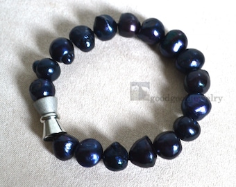 Black Baroque Pearl Bracelet, Real Freshwater Pearls, Magnetic Clasp