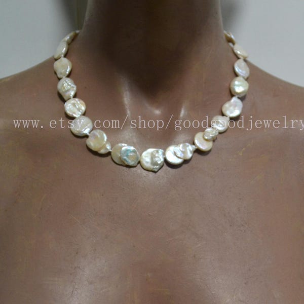 Colar de pérolas redondas em formato de moeda, 45 cm (18 polegadas), 12 mm, cor marfim, ideal para casamentos, damas de honra e como colar de pérolas verdadeiras.