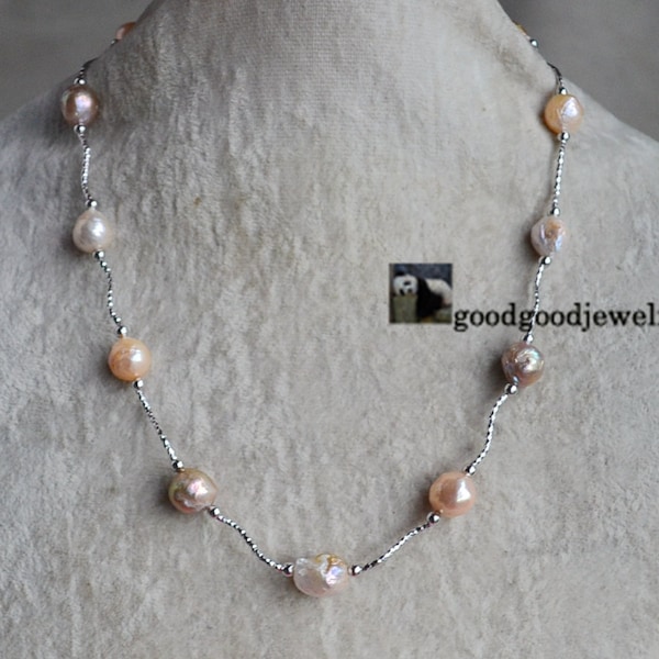 multicolor baroque pearl necklace,pearl and silver space necklace,9-10 mm real pearl necklace,bridesmaid necklace,Edison pearl necklace