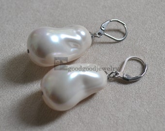 Big Baroque Pearl Earrings, 16x28mm white pearl with Lever Back earrings, fake pearl earrings, not real pearl earrings, statement earrings