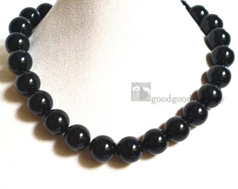 Genuine Black Agate Necklace, 16mm Natural Black onyx Necklace, Dainty Stone Necklace, black beads Necklace, statement necklace