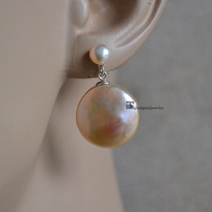Doppel Perle Ohrringe, 5,5 mm und 16,5 mm Süßwasser Perle Ohrringe, baumelnde Perle Ohrringe, große Münze Perle Schmuck, Frauen Ohrringe