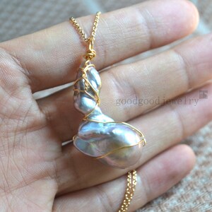 Dainty Pearl Pendant, 22x38 mm, wire wrapped Pearl jewelry, Big Baroque Pearl Necklace pendant, gold color chain necklace,statemant necklace