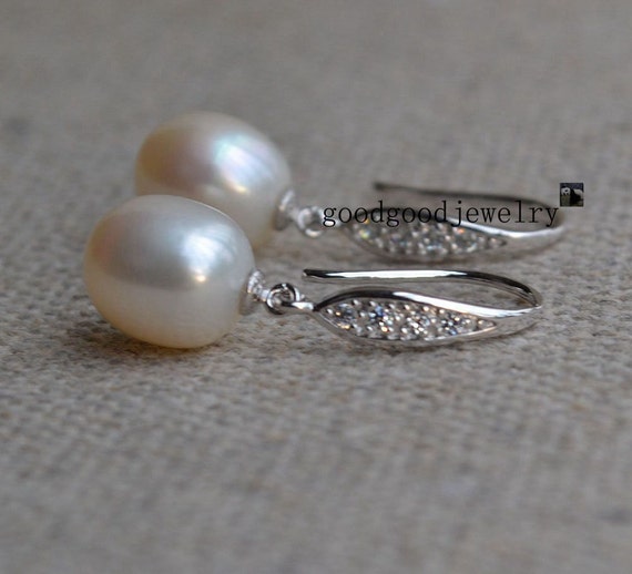 Boucles D'oreilles Argent Sterling Avec Perle D'eau Douce Blanche Et Zircone - Fait Main - Neuf Avec étiquettes