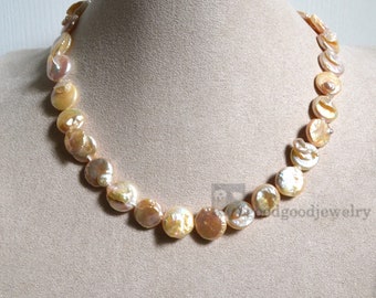 cream pink Pearl Necklace -12-13mm freshwater pearl necklace, real pearl necklace,baroque pearl necklace,statement necklace,wedding necklace