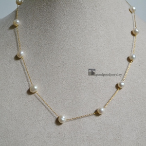 Pearl Station Necklace, Dainty Pearl Bead Necklace, Thin Gold Chain, Gold And Pearl Necklace, Real Pearl Necklace, TIN CUP necklace, Wedding