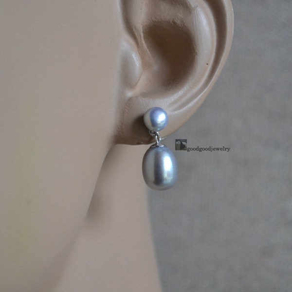 DOUBLE Gray pearl earrings, dangling freshwater pearl earrings, bridal earrings, bridesmaid jewelry, drop pearl ear rings, Christmas present