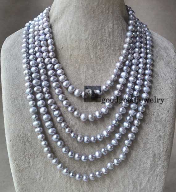 Long Gray Pearl Necklace 7mm Freshwater Pearl Necklace gray