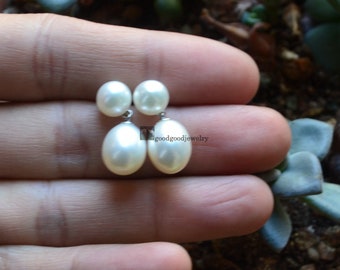 Double Pearl Earrings, White Pearl Earrings, Real Pearl Earrings, Stud and Dangling Earrings, Statement Earrings, Christmas gift