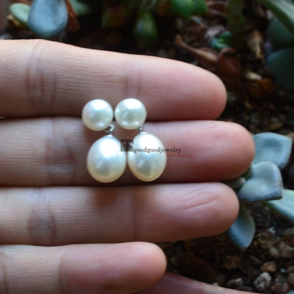 Double Pearl Earrings, White Pearl Earrings, Real Pearl Earrings, Stud and Dangling Earrings, Statement Earrings, Christmas gift