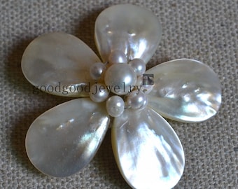 Freshwater Pearl Flower Brooch, White Shell Jewelry