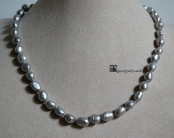 gray pearl necklace, 8x10mm Freshwater Pearl necklace, real baroque pearl necklace, sterling silver clasp, man beads necklace
