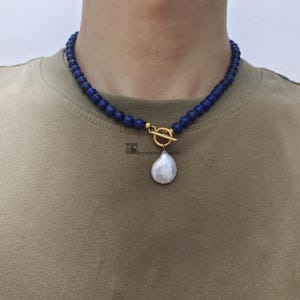 Elegant Lapis Lazuli Necklace with Real Baroque Pearl Pendant, Gemstone and Pearl Necklace, Everyday Necklace, Blue Beads Necklace Choker