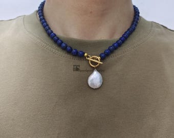 Lapis Lazuli Necklace with Baroque Pearl, 18k Gold Plated Clasp