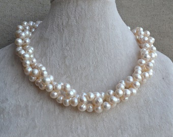 real pearl necklace, 8-9mm freshwater pearl necklace, ivory pearl twisted necklace, wedding necklace, pearl choker necklace