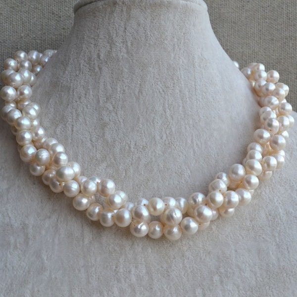 real pearl necklace, 8-9mm freshwater pearl necklace, ivory pearl twisted necklace, wedding necklace, pearl choker necklace