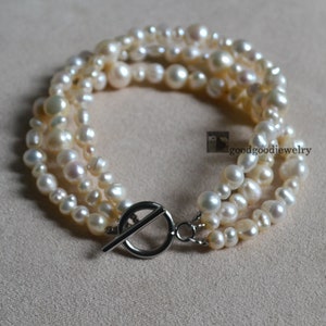 real pearl bracelets, mix size Freshwater Pearl Bracelet, white pearl bracelet, three strands pearl beaded bracelet, toggle clasp bracelet