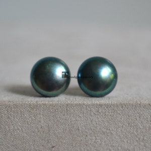 peacock green pearl earrings, 11mm real pearl stud, freshwater pearl stud earrings, big pearl earrings, women earrings