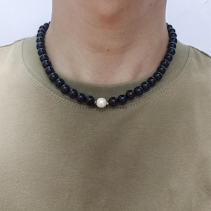 Classical Black Onyx Necklace with Freshwater Pearl Charm, Dainty Agate Choker, Black Gemstone Beaded Necklace, smooth Carnelian Jewelry