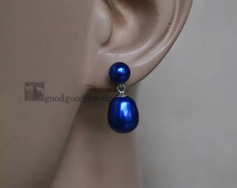 double blue pearl earrings, drop pearl mixed button pearl earrings, double pearl earrings,dangling genuine pearl earing