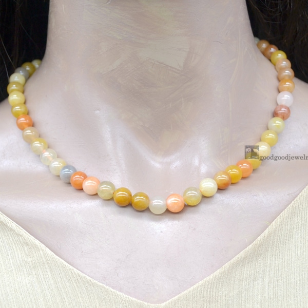 Genuine Jade Necklace, Natural Jade Necklace, Red Jade Beaded, Dainty Stone Necklace, Delicate Necklace, 8.2 mm Yellow Jade Necklace