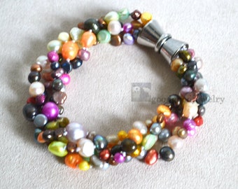 Rainbow pearl Bracelet, Multicolour Pearl Bracelet, 4 strands 5-8mm Freshwater pearl bracelet, real pearl bracelet, bridesmaid bracelet
