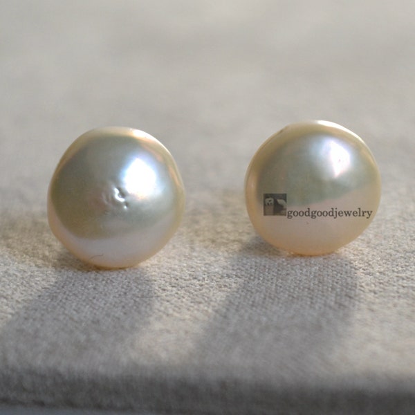 small coin pearl earrings,11mm Real Freshwater Pearl Earring,ivory pearl earrings, Genuine Pearl Stud Earrings, women earring